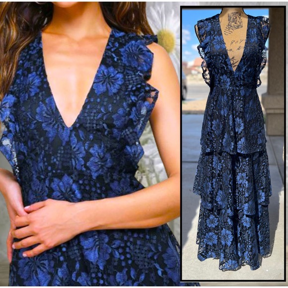 Lulus Lace Ruffled Tiered Sleeveless  Navy Blue  Molinetto Maxi Dress Size XS - Picture 1 of 15
